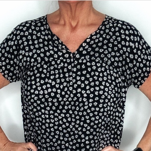 Madewell Shift Dress Black White Floral Short Sleeve Button Neck Mini Dress Sz S - Picture 4 of 10